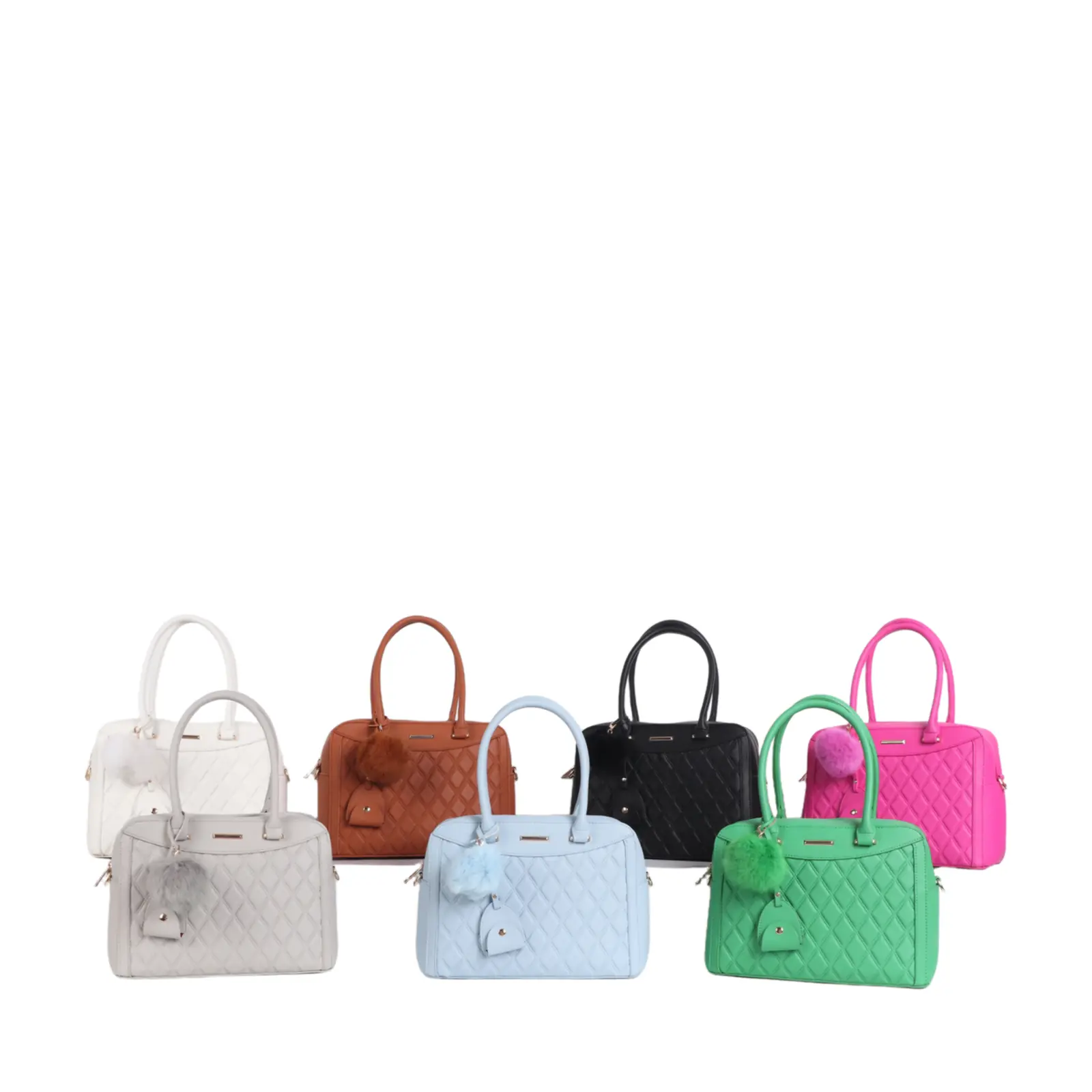 Diamond Patterned Handbag with Pom Pom Key Chain - Image 4