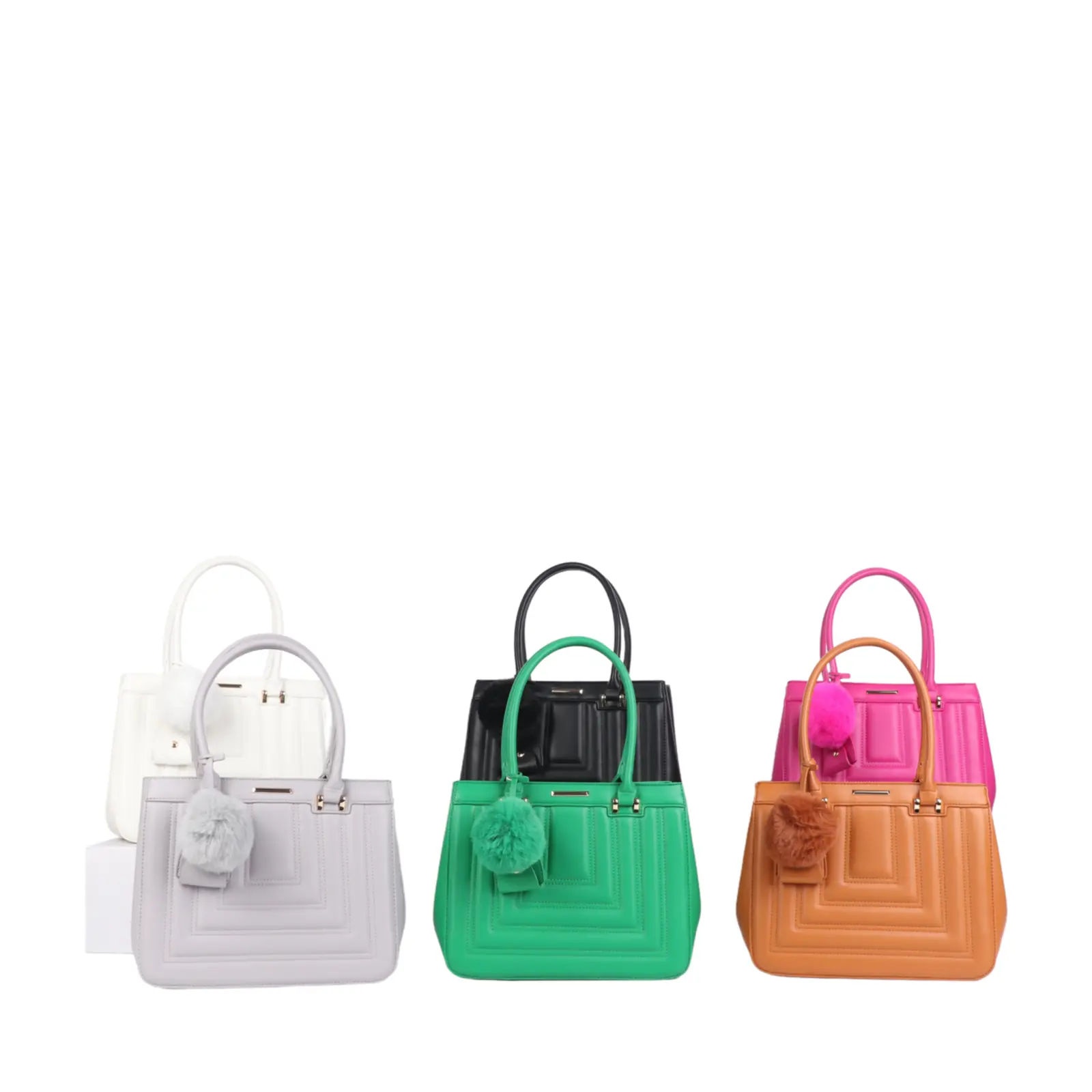 Ladies Stiched Pattern Tote with a Pom Hanger