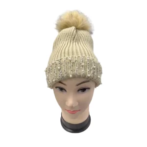 Braided Knit Pompom Beanie with Pearls