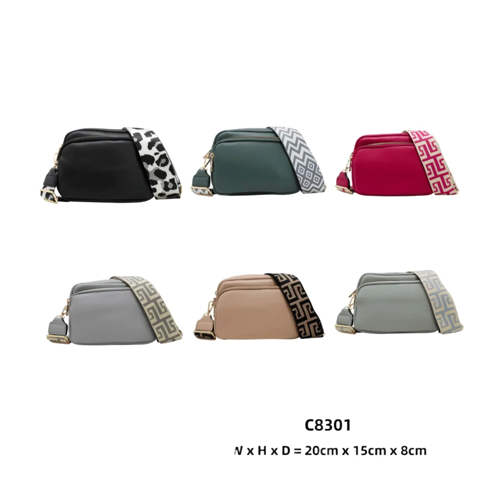 Plain Double-Zipper Camera Crossbody with Patterned Strap