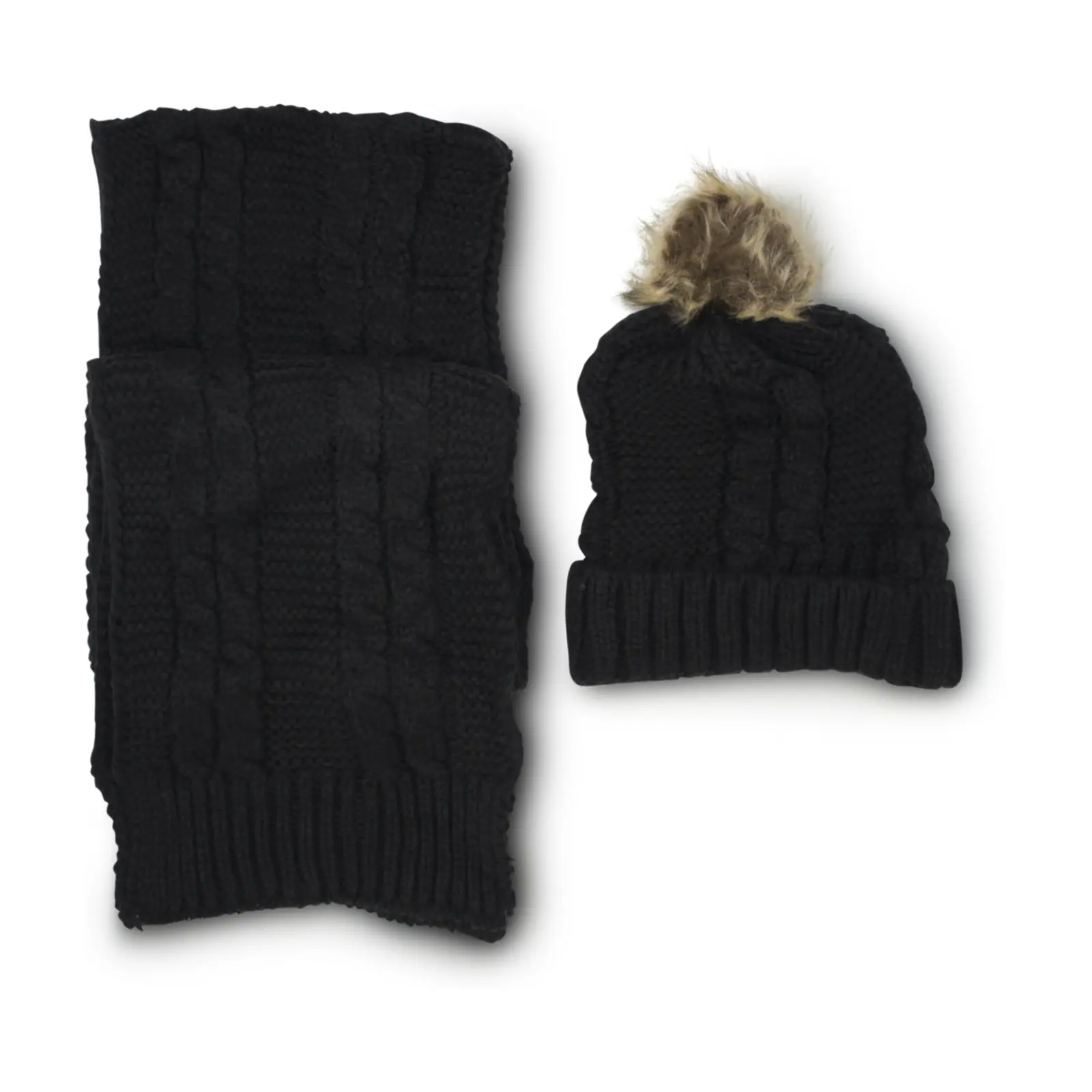Faux Fur Pom Pom Scarf and Hat Set
