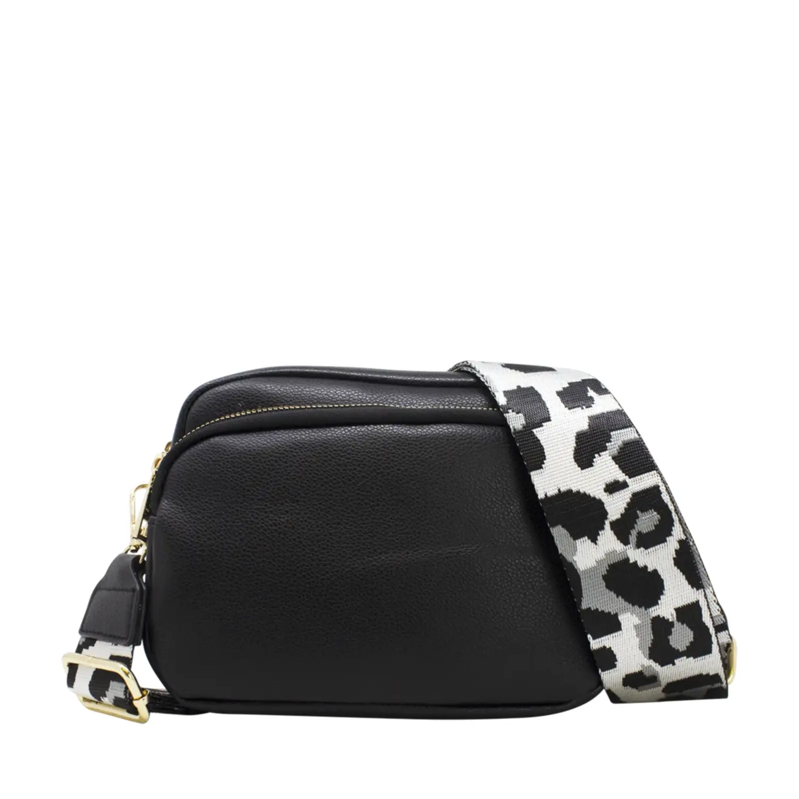 Plain Double-Zipper Camera Crossbody with Patterned Strap - Image 2