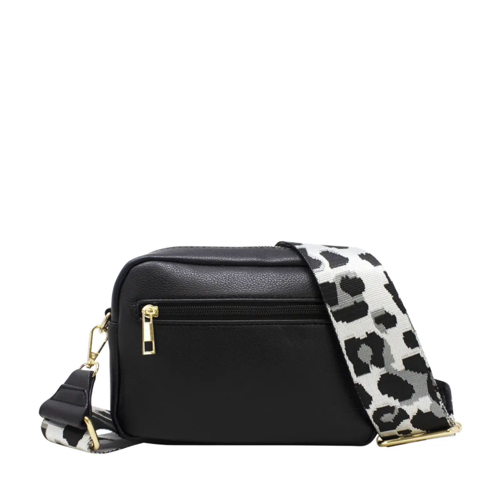 Plain Double-Zipper Camera Crossbody with Patterned Strap - Image 3