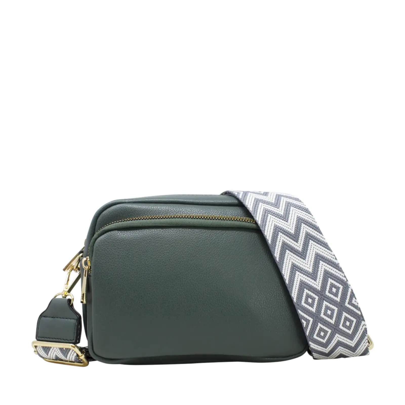 Plain Double-Zipper Camera Crossbody with Patterned Strap - Image 4
