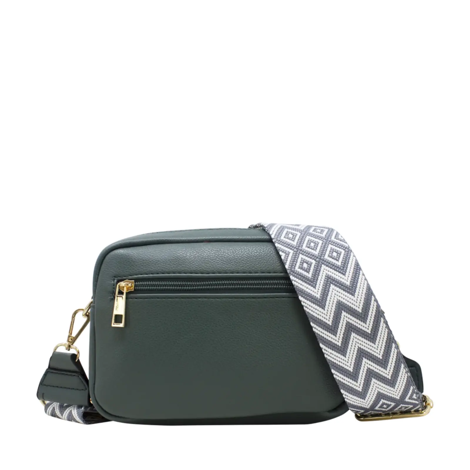 Plain Double-Zipper Camera Crossbody with Patterned Strap - Image 5