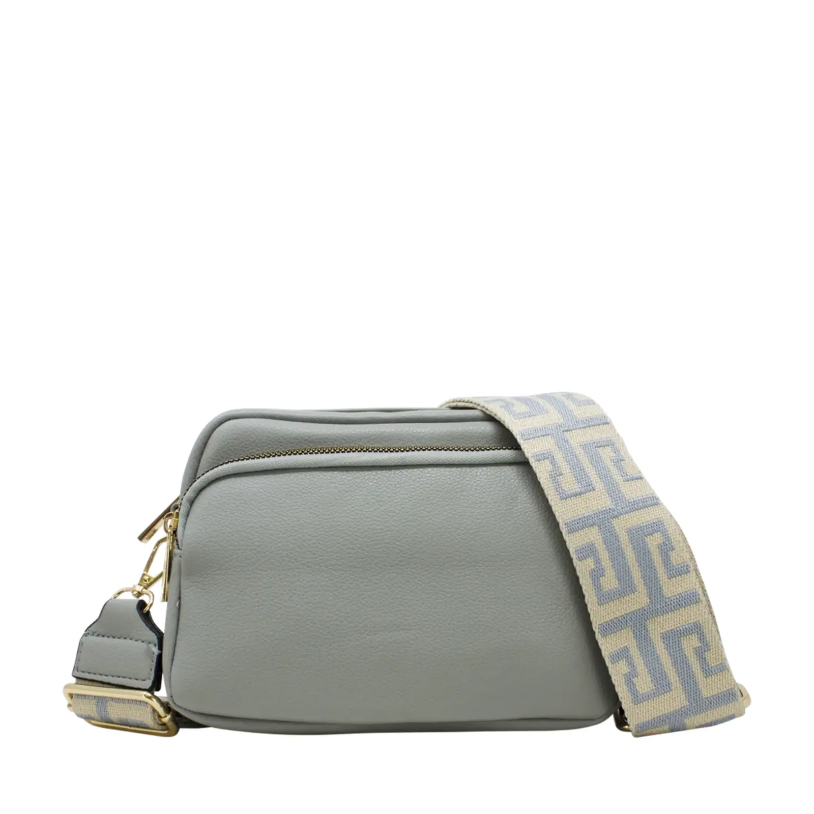 Plain Double-Zipper Camera Crossbody with Patterned Strap - Image 8