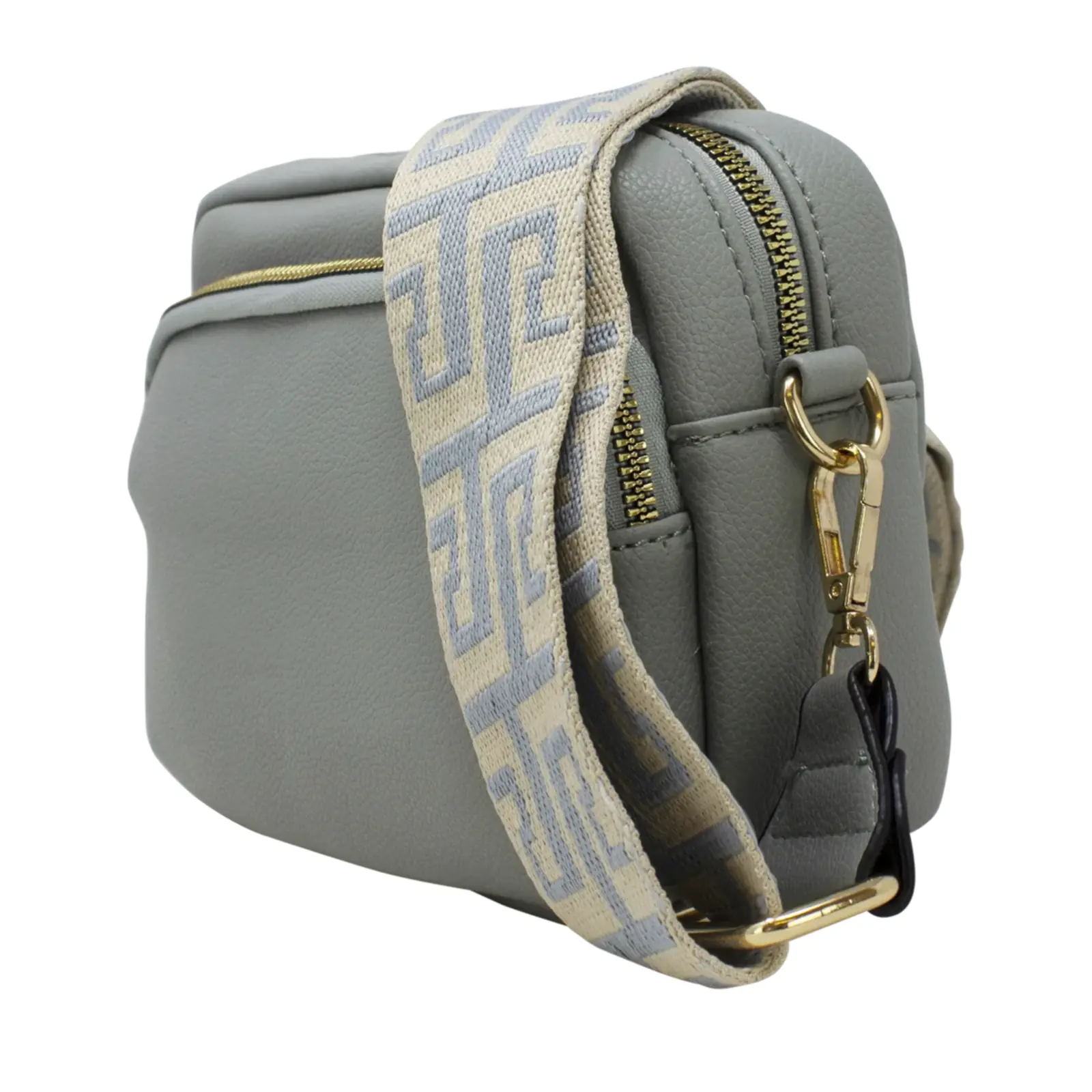 Plain Double-Zipper Camera Crossbody with Patterned Strap - Image 9