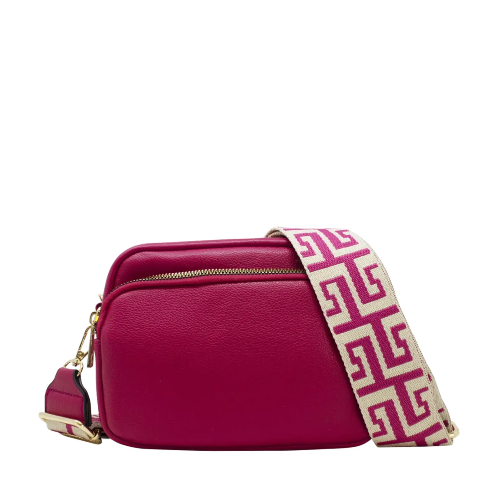 Plain Double-Zipper Camera Crossbody with Patterned Strap - Image 12