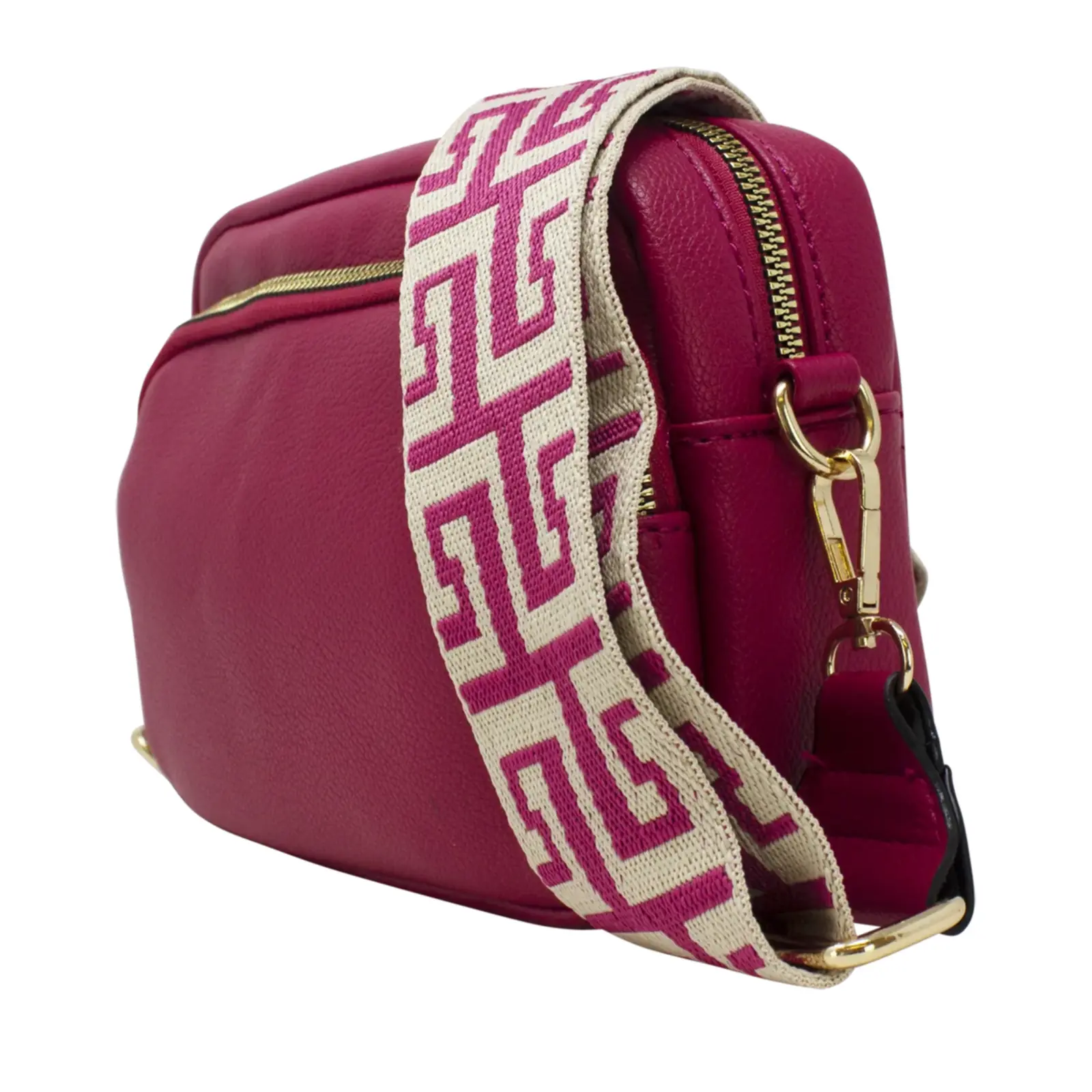 Plain Double-Zipper Camera Crossbody with Patterned Strap - Image 13