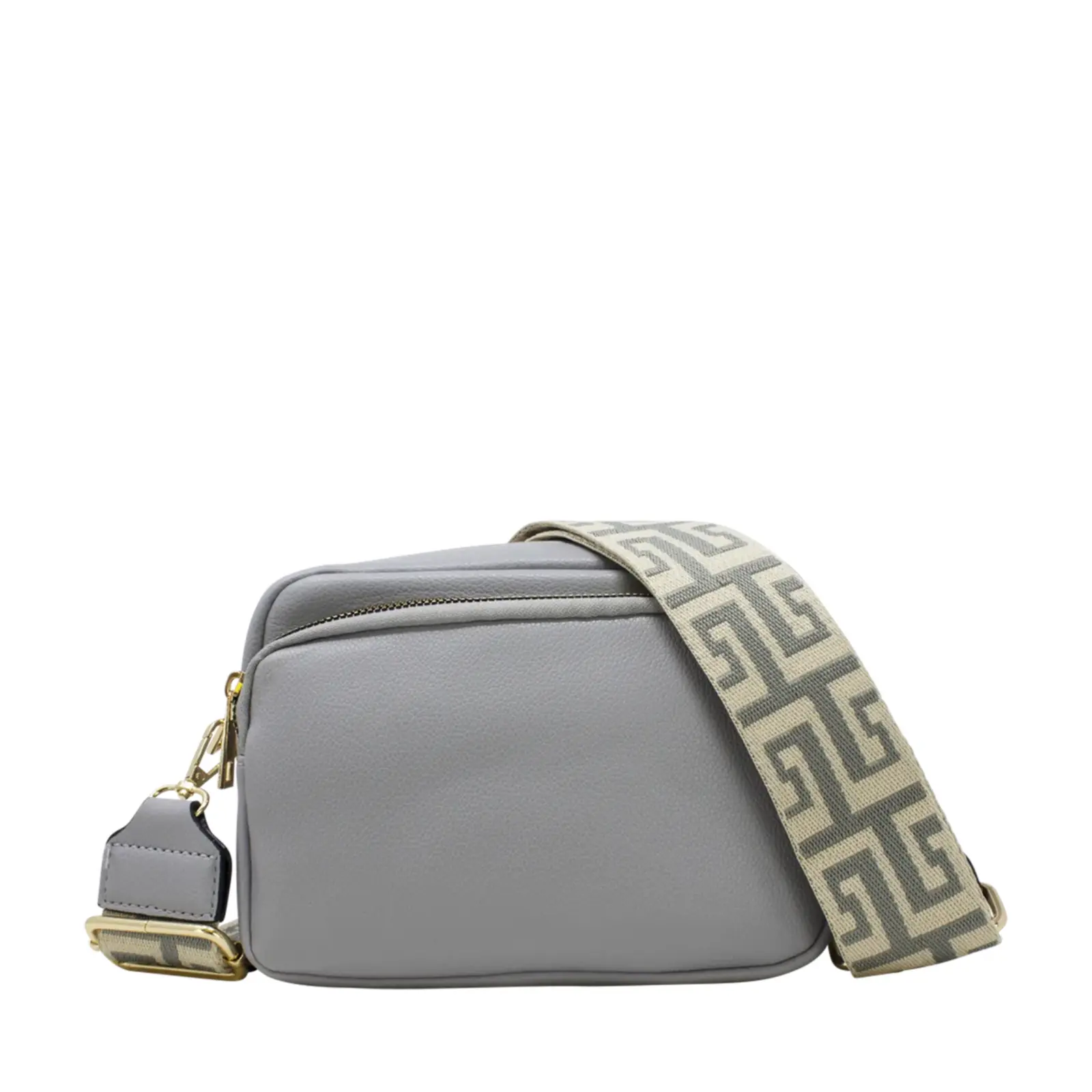 Plain Double-Zipper Camera Crossbody with Patterned Strap - Image 6
