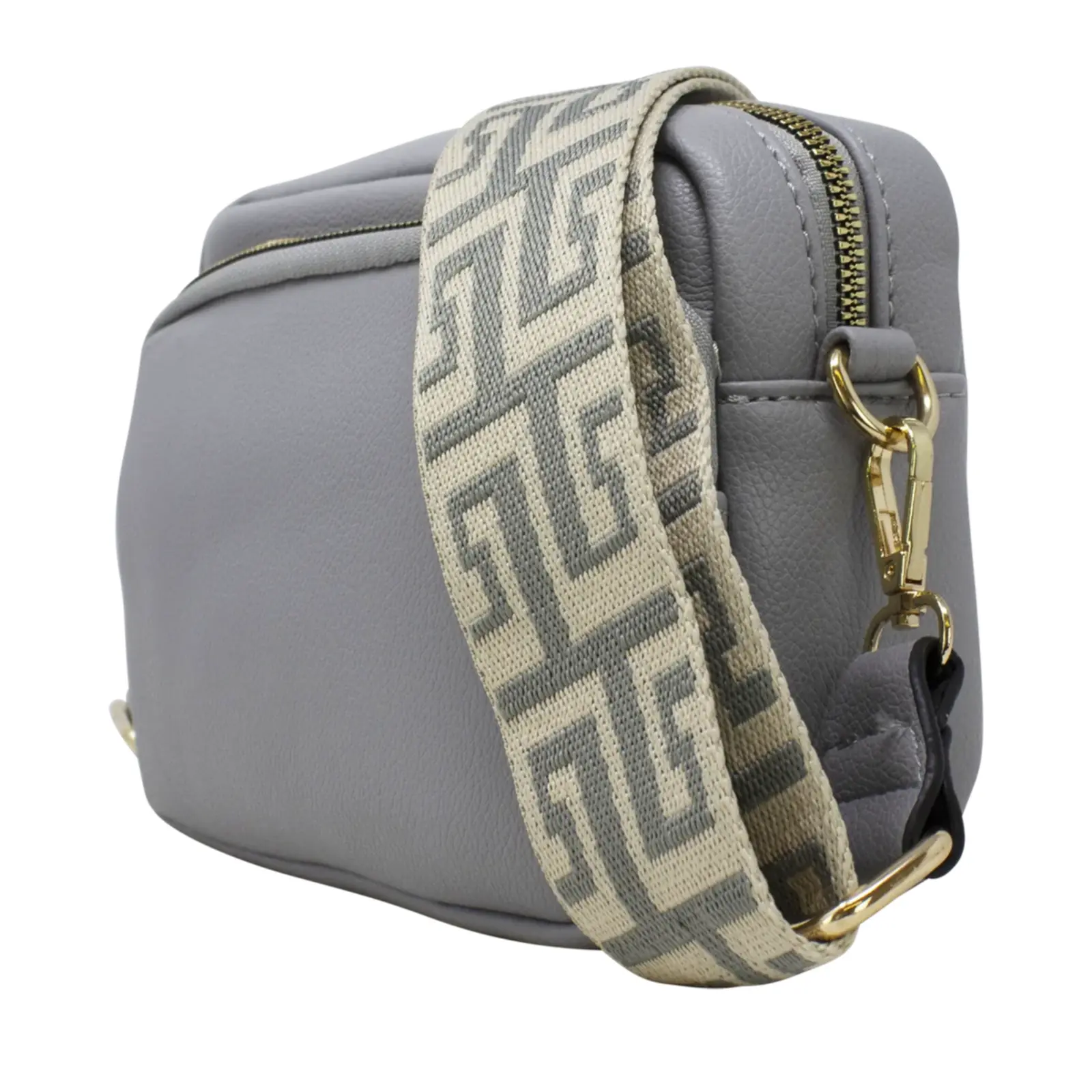 Plain Double-Zipper Camera Crossbody with Patterned Strap - Image 7