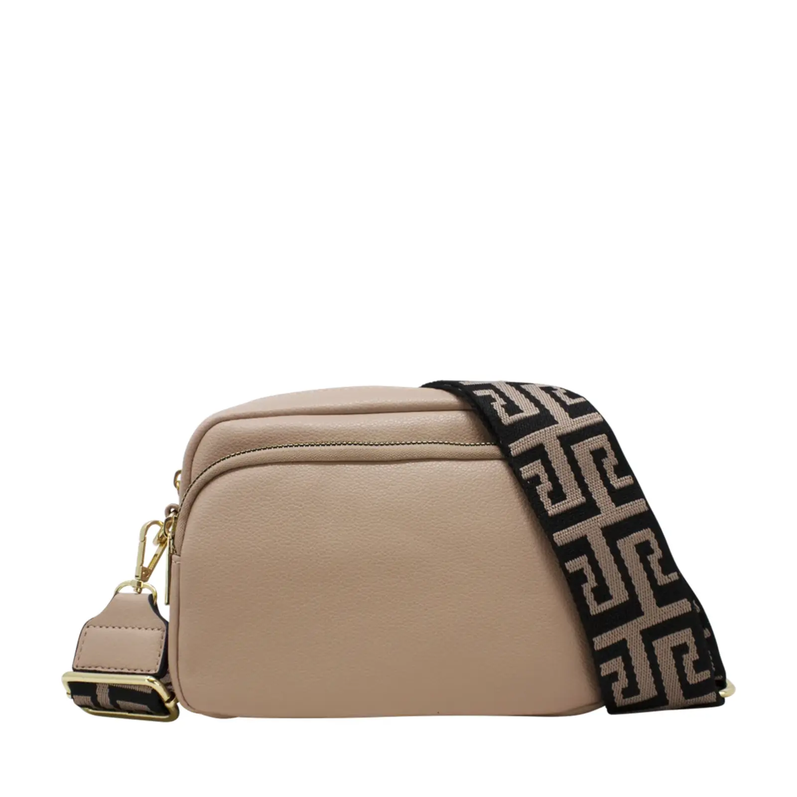 Plain Double-Zipper Camera Crossbody with Patterned Strap - Image 10