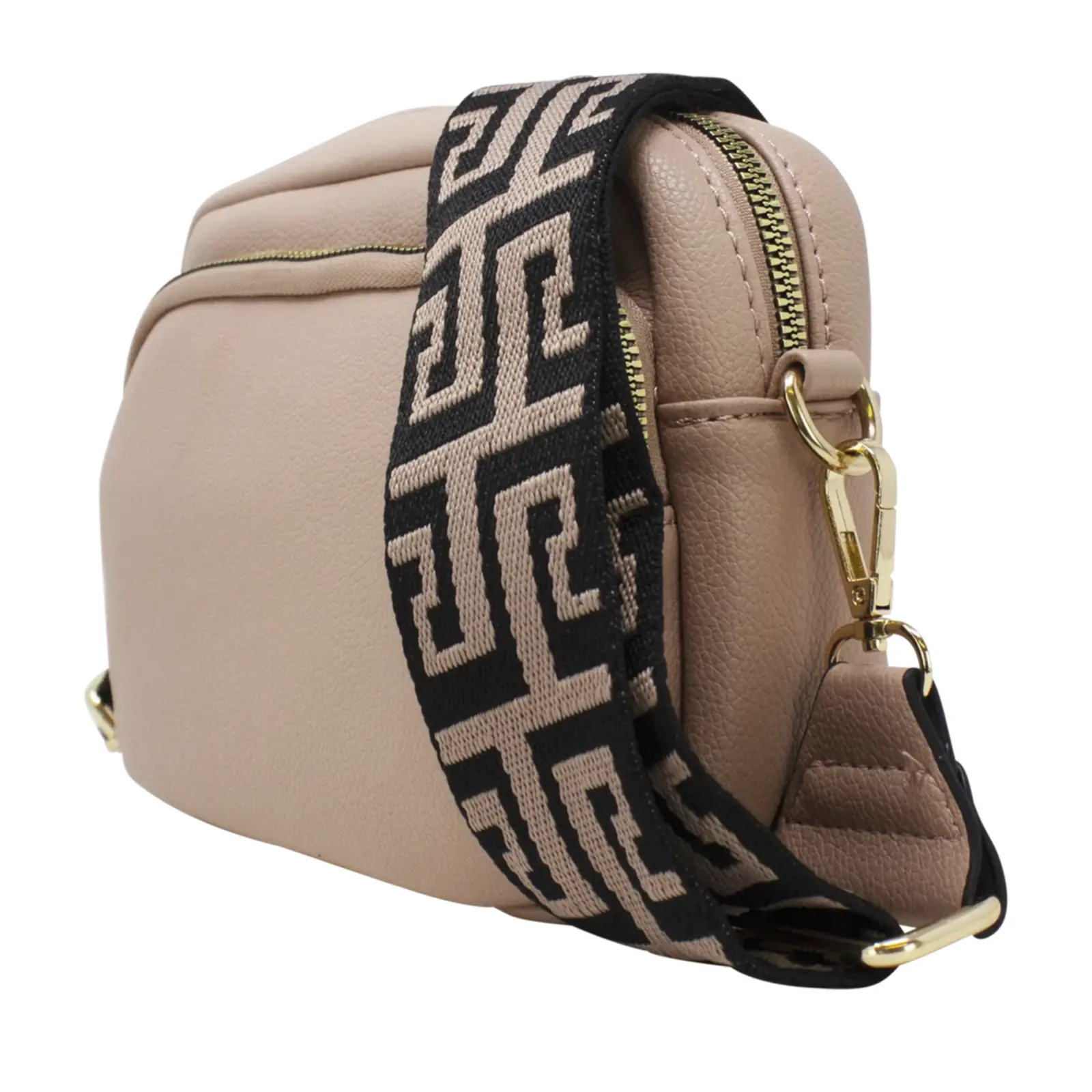 Plain Double-Zipper Camera Crossbody with Patterned Strap - Image 11
