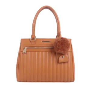 Striped Patterned Handbag with Pom Pom Bag Charm