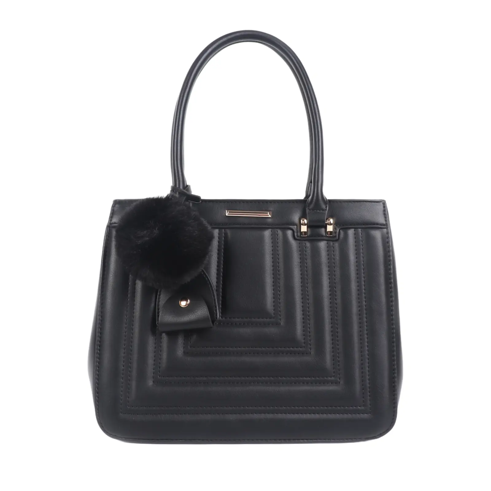 Ladies Stiched Pattern Tote with a Pom Hanger - Image 2