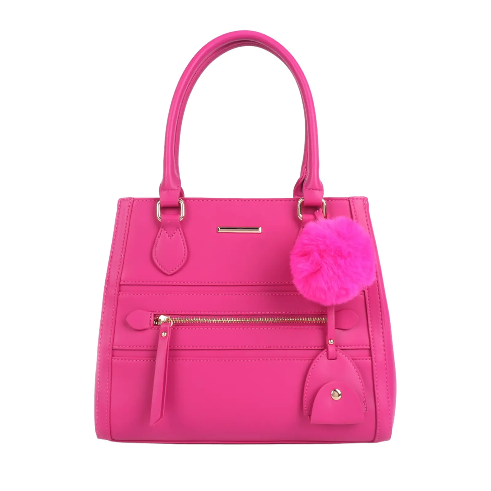 Ladies Front Zip Pocket Tote Bag with Pom Pom Key Chain - Image 5