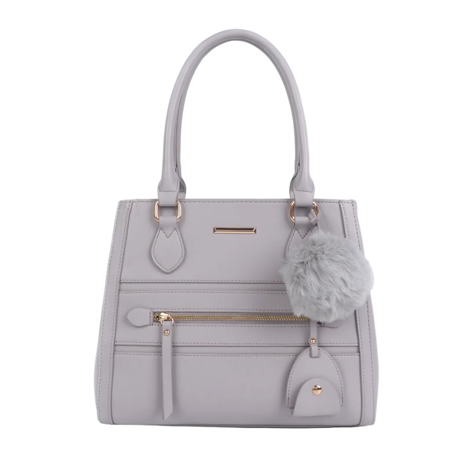 Ladies Front Zip Pocket Tote Bag with Pom Pom Key Chain - Image 4