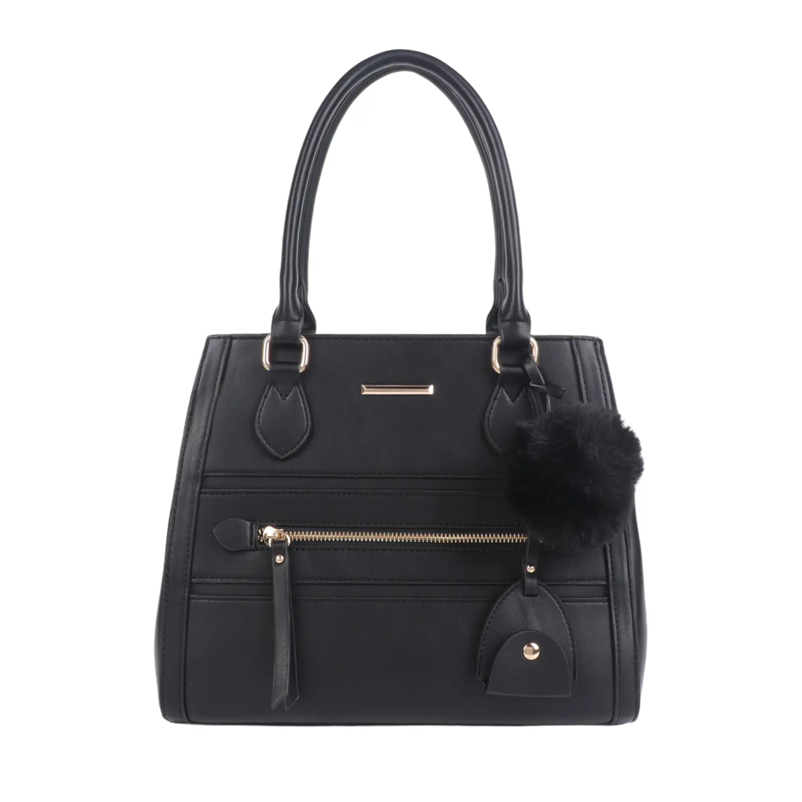 Ladies Front Zip Pocket Tote Bag with Pom Pom Key Chain