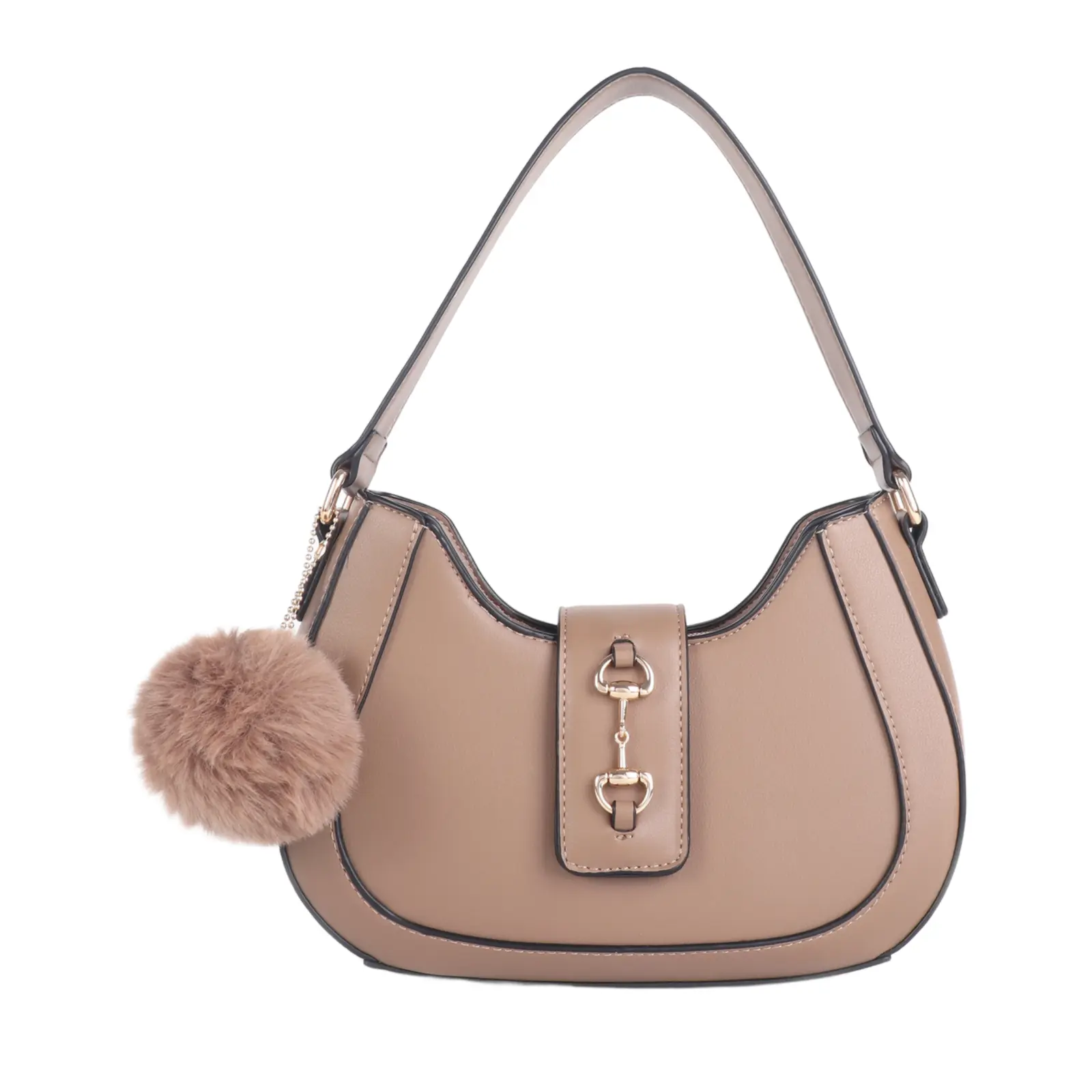 Ladies Classic Shoulder Bag with Pom Pom Key Chain - Image 5