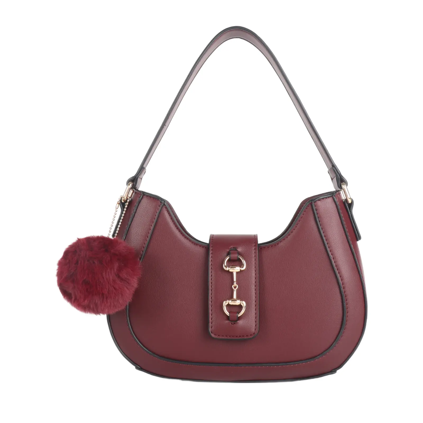 Ladies Classic Shoulder Bag with Pom Pom Key Chain - Image 7