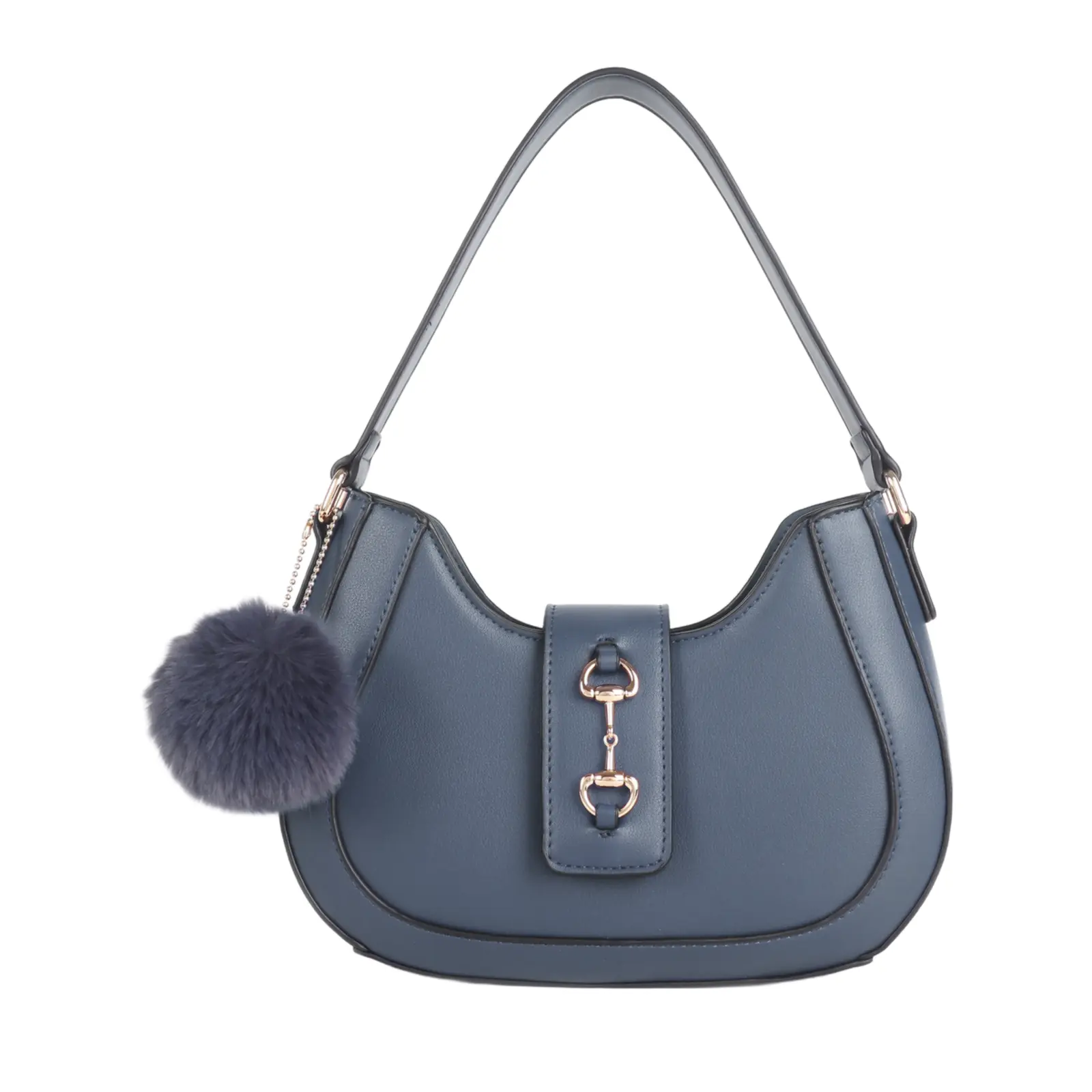 Ladies Classic Shoulder Bag with Pom Pom Key Chain - Image 2