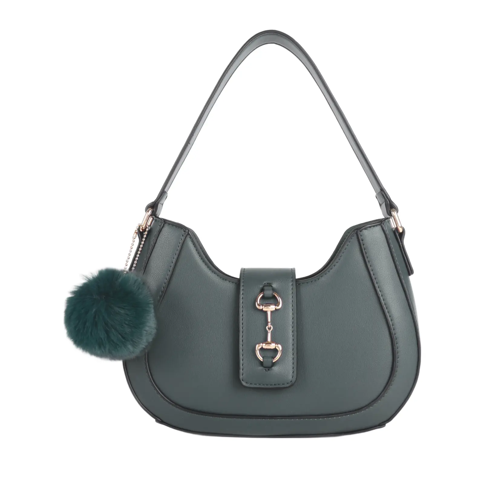 Ladies Classic Shoulder Bag with Pom Pom Key Chain - Image 3