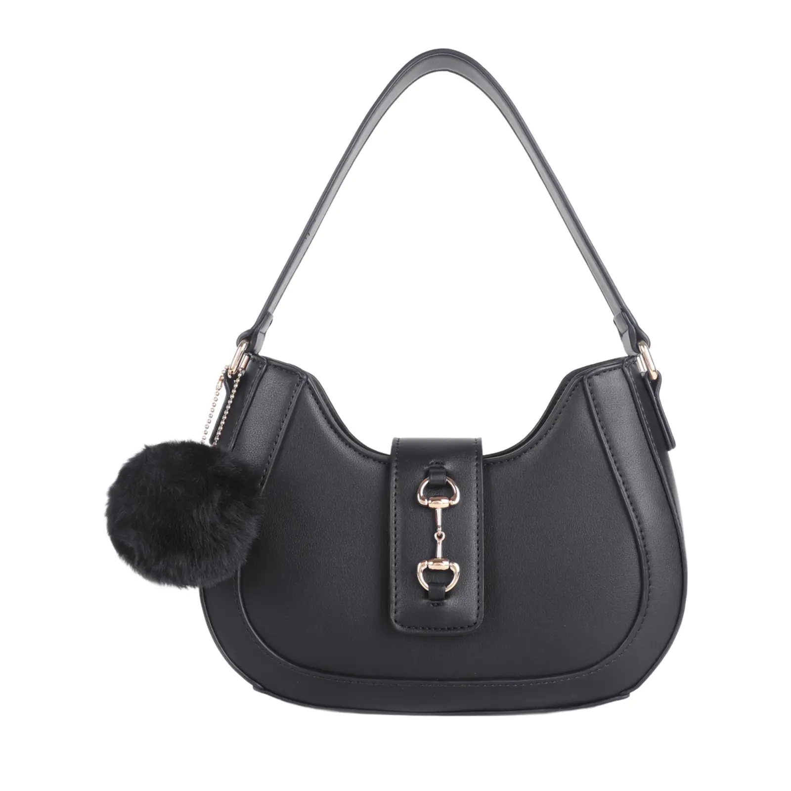 Ladies Classic Shoulder Bag with Pom Pom Key Chain