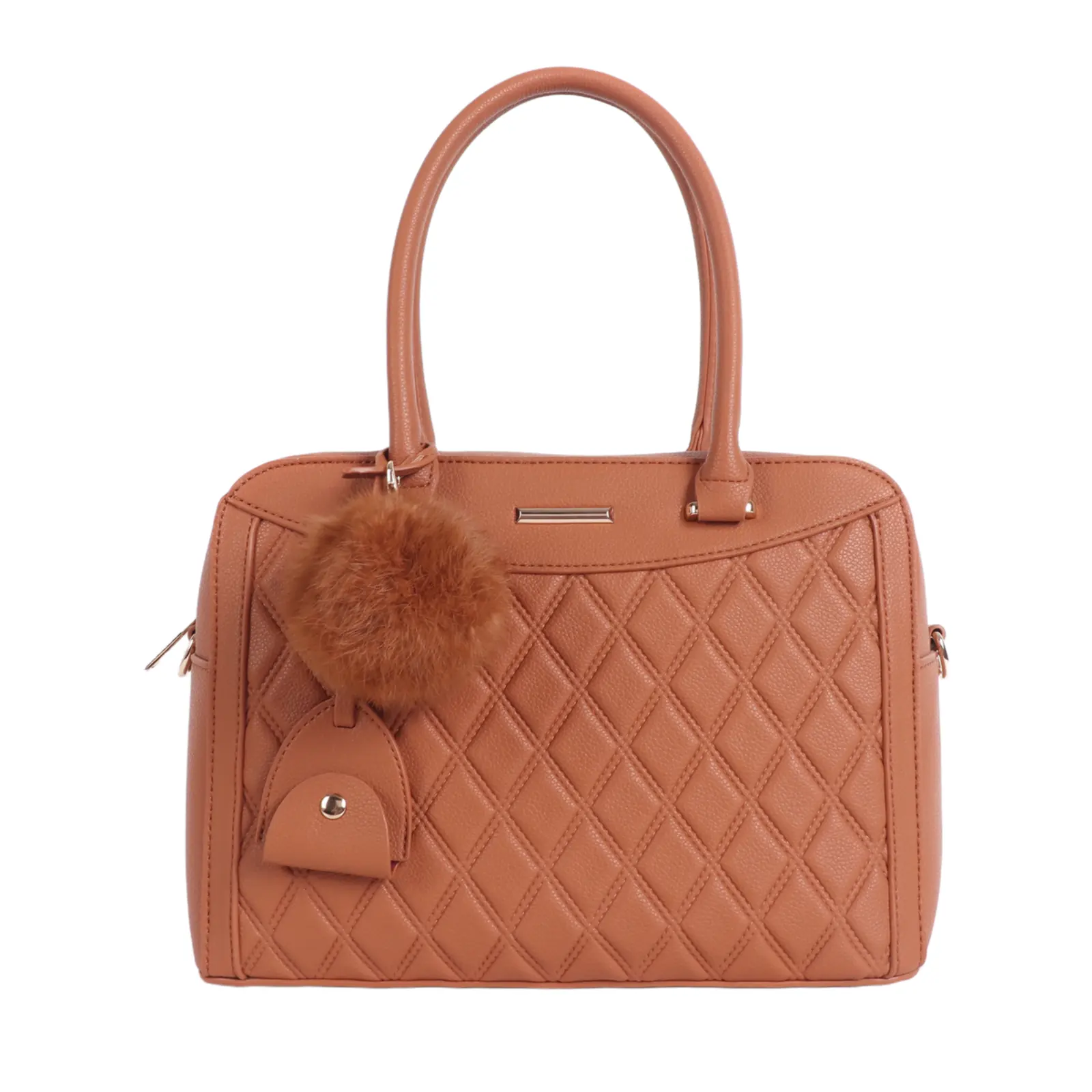 Diamond Patterned Handbag with Pom Pom Key Chain - Image 3