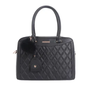 Diamond Patterned Handbag with Pom Pom Key Chain