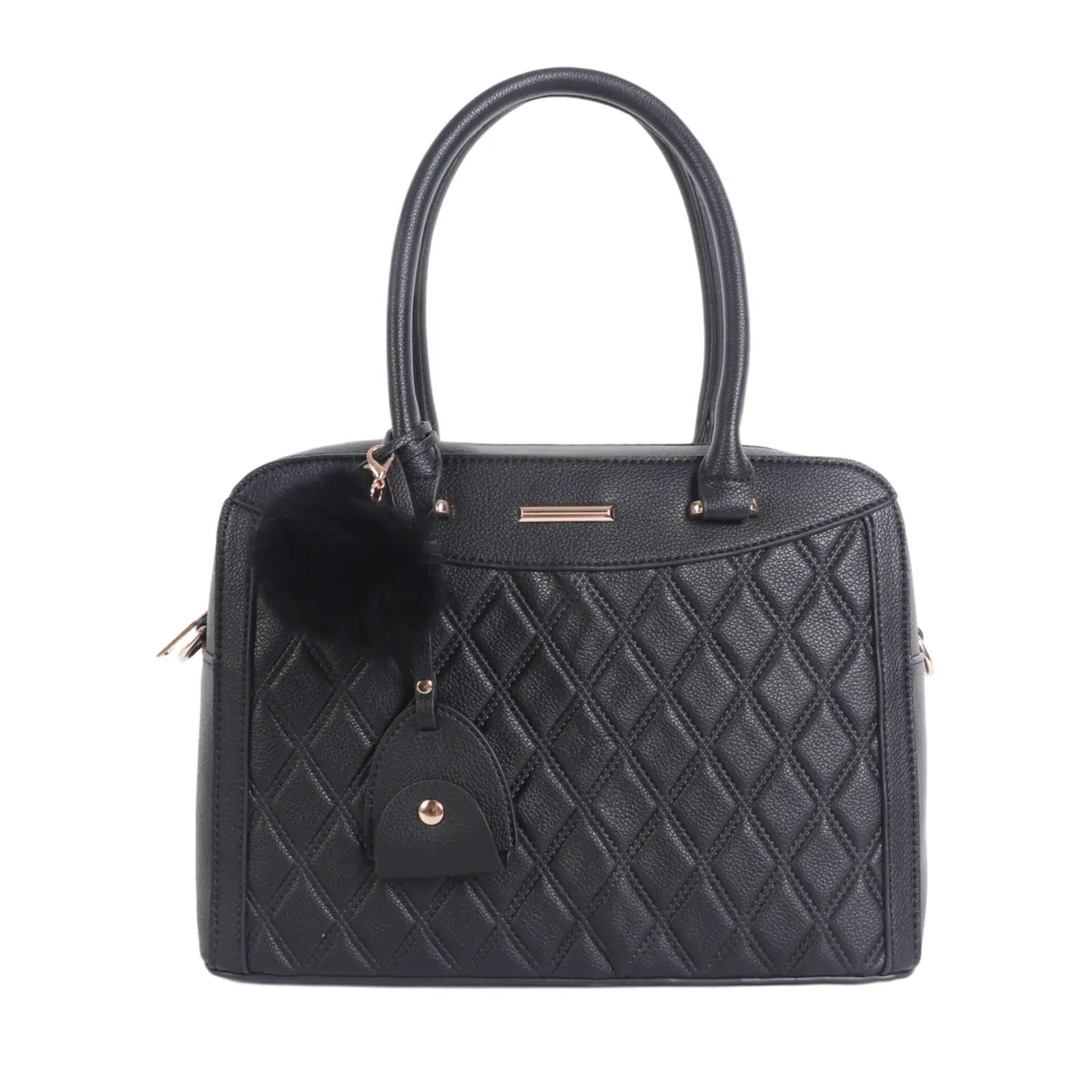 Diamond Patterned Handbag with Pom Pom Key Chain