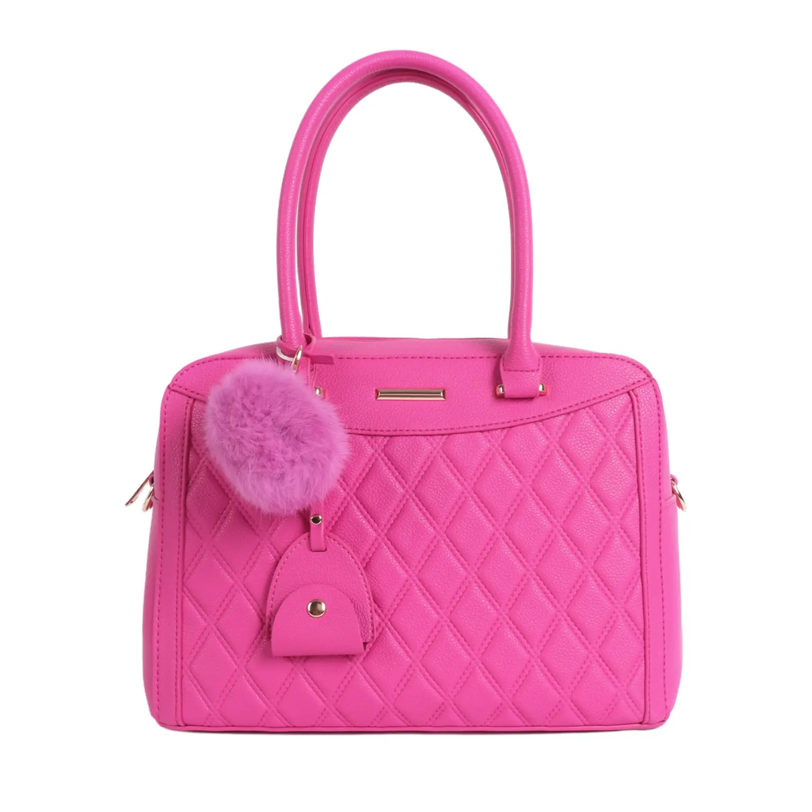 Diamond Patterned Handbag with Pom Pom Key Chain - Image 6