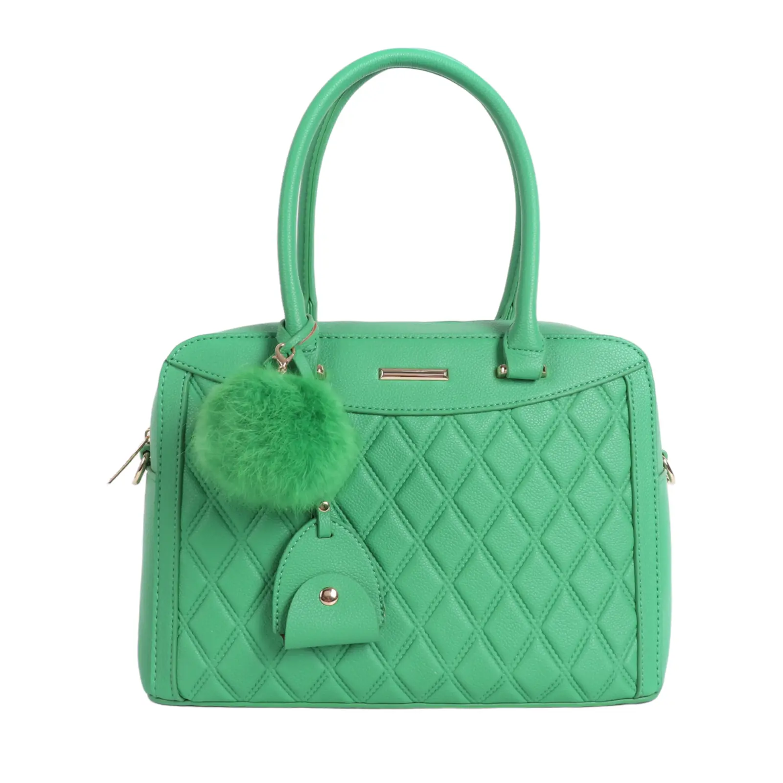 Diamond Patterned Handbag with Pom Pom Key Chain - Image 5